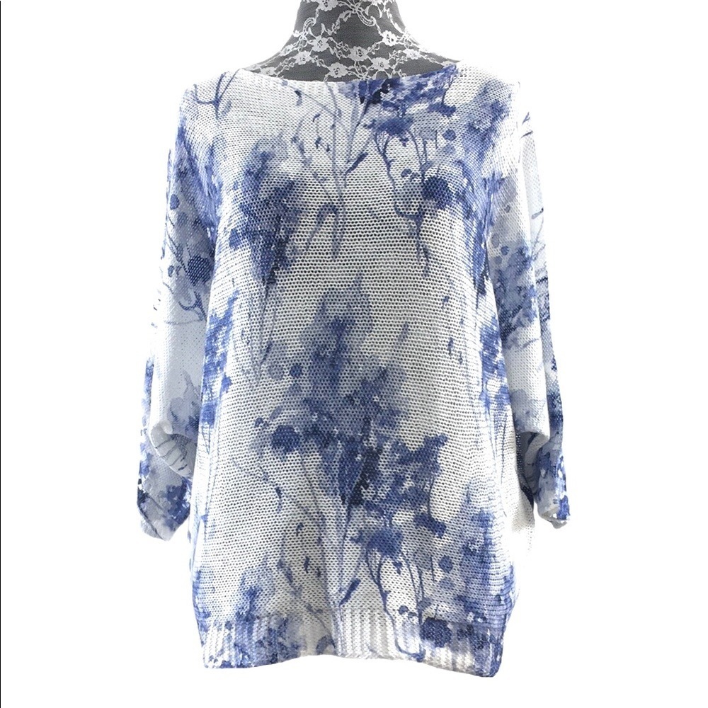 Luisa Ricci White Floral Watercolor Dolman Top Open Knit Women’s‎ Small Tie Dye